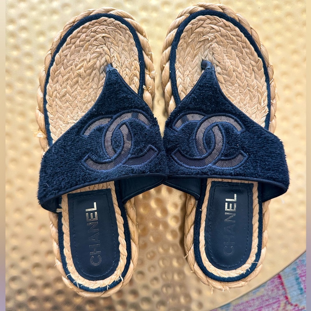 CHANEL Black Terry Braided Sole Sandals